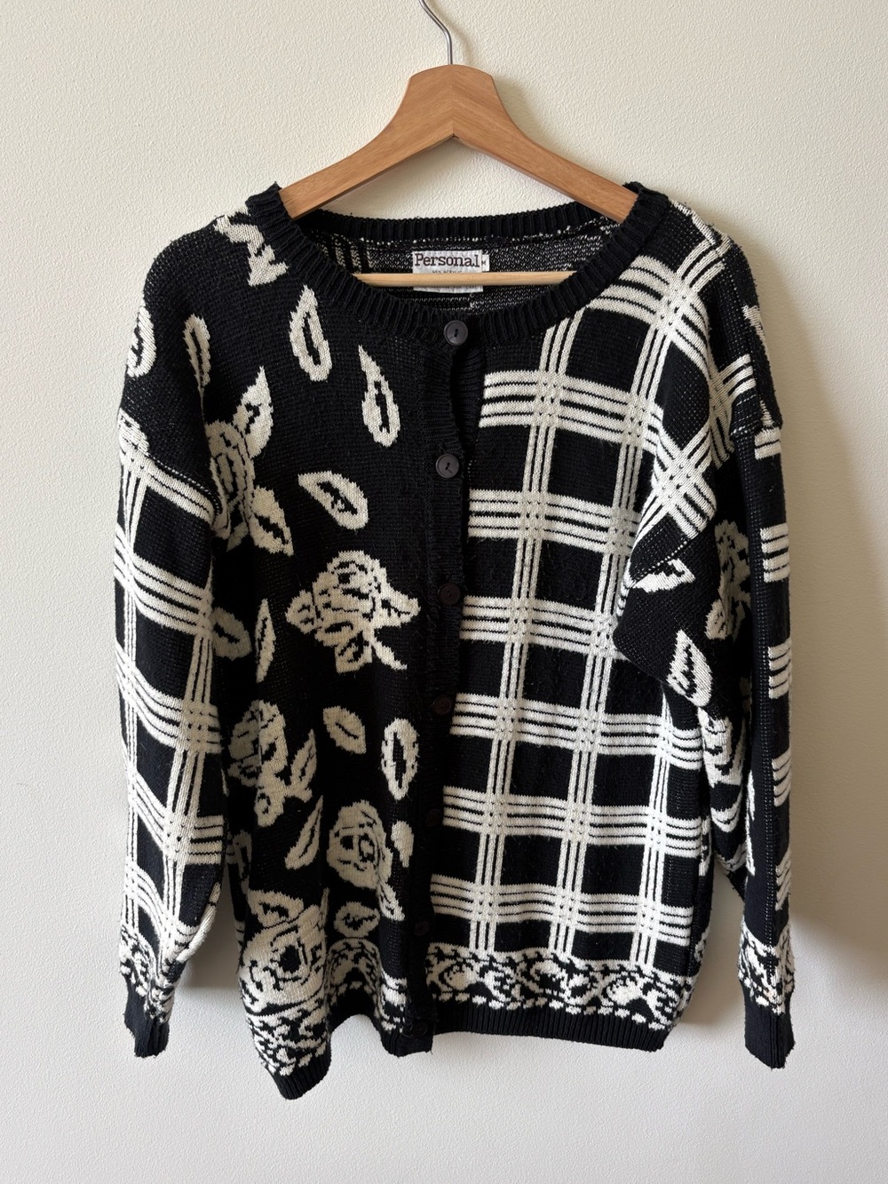 Vintage Black and White Floral Plaid Cardigan